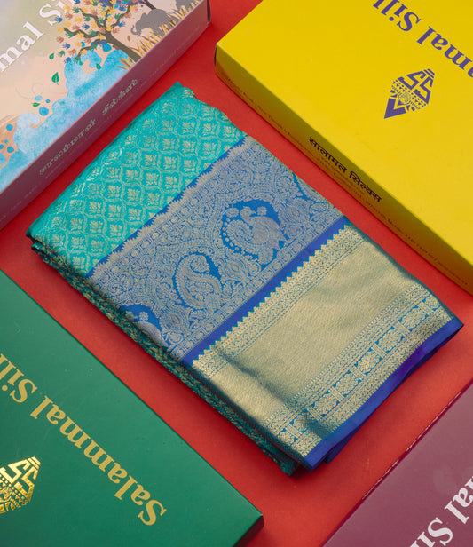 Sapphire Green Bridal Pure Kanjivaram Silk Saree With Contrast Royal Blue Border
