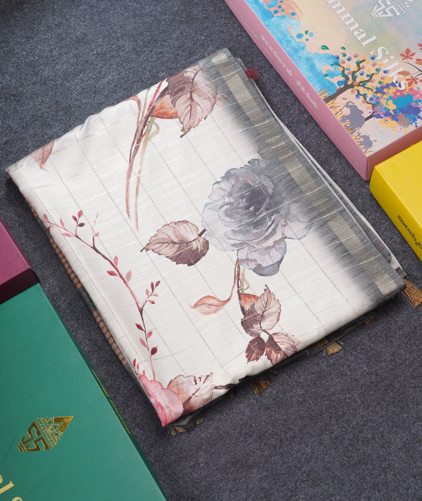 Cream Colour Semi Tussar Saree With Floral Prints & Zari Checks
