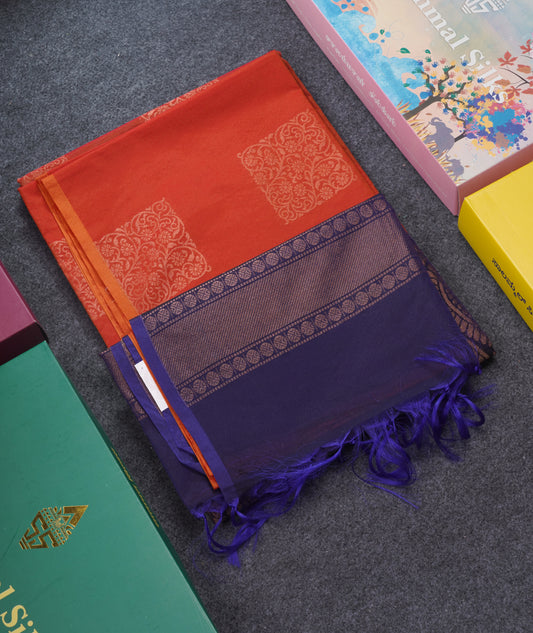 Beautiful Reddish Orange SICO Cotton Saree With Contrast Violet Blouse
