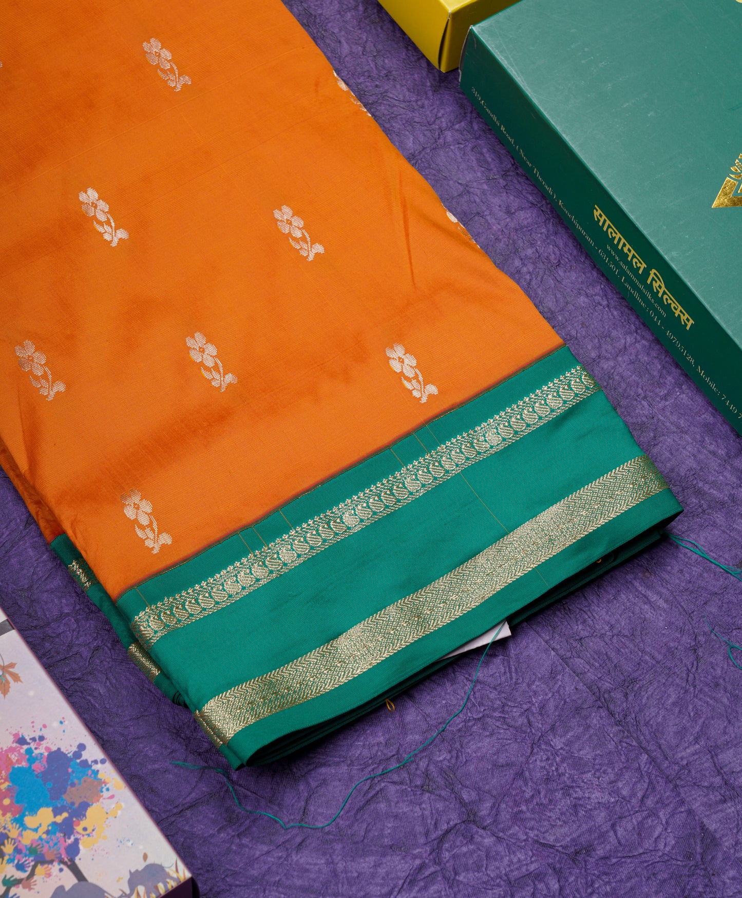 9.5 Yards Semi Silk Saree Mango Yellow with Contrast Green Border