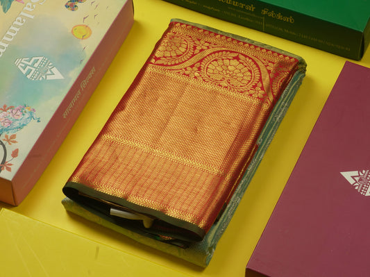 Beautiful Rexona Green Tissue Pure Kanjivaram Silk Saree With Contrast Red Border