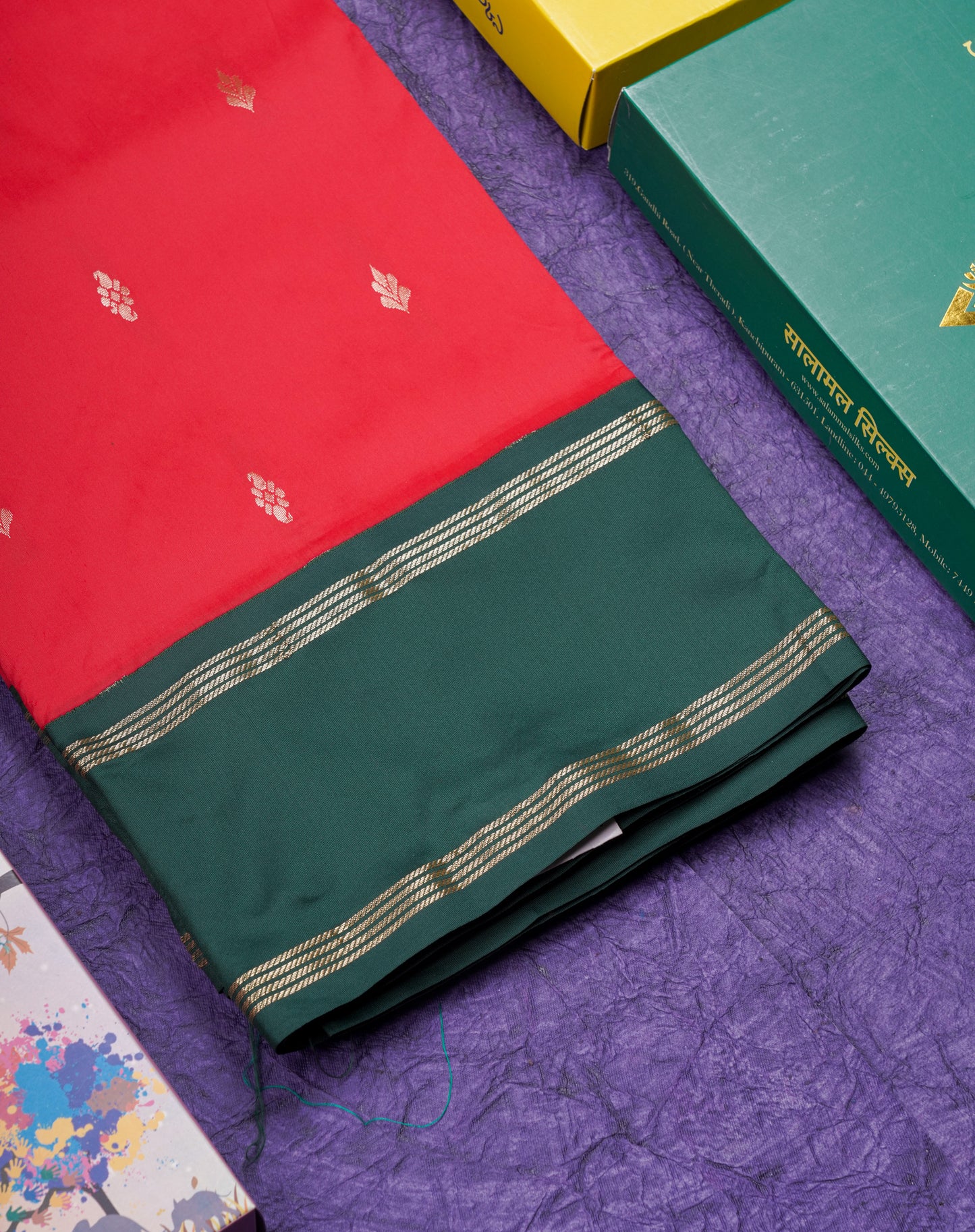 9 Yards Semi Silk Saree Chilly Red With Contrast Bottle Green Gap Border