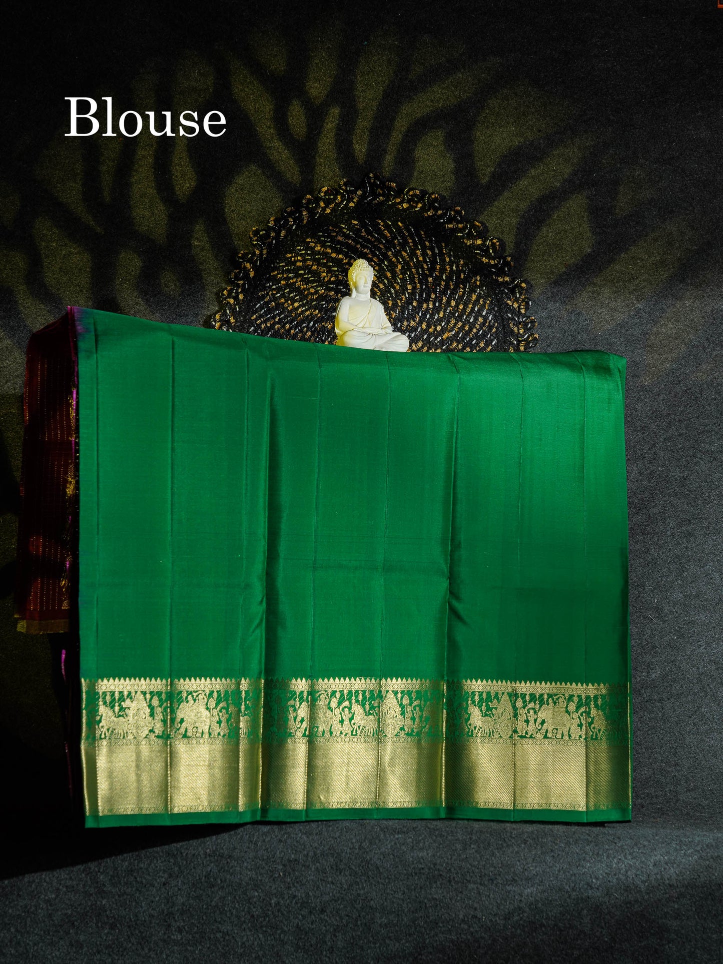 Beautiful Pure Silk Pattu Pavadai Checks (Magenta) With Contrast Bottle Green Blouse 45"