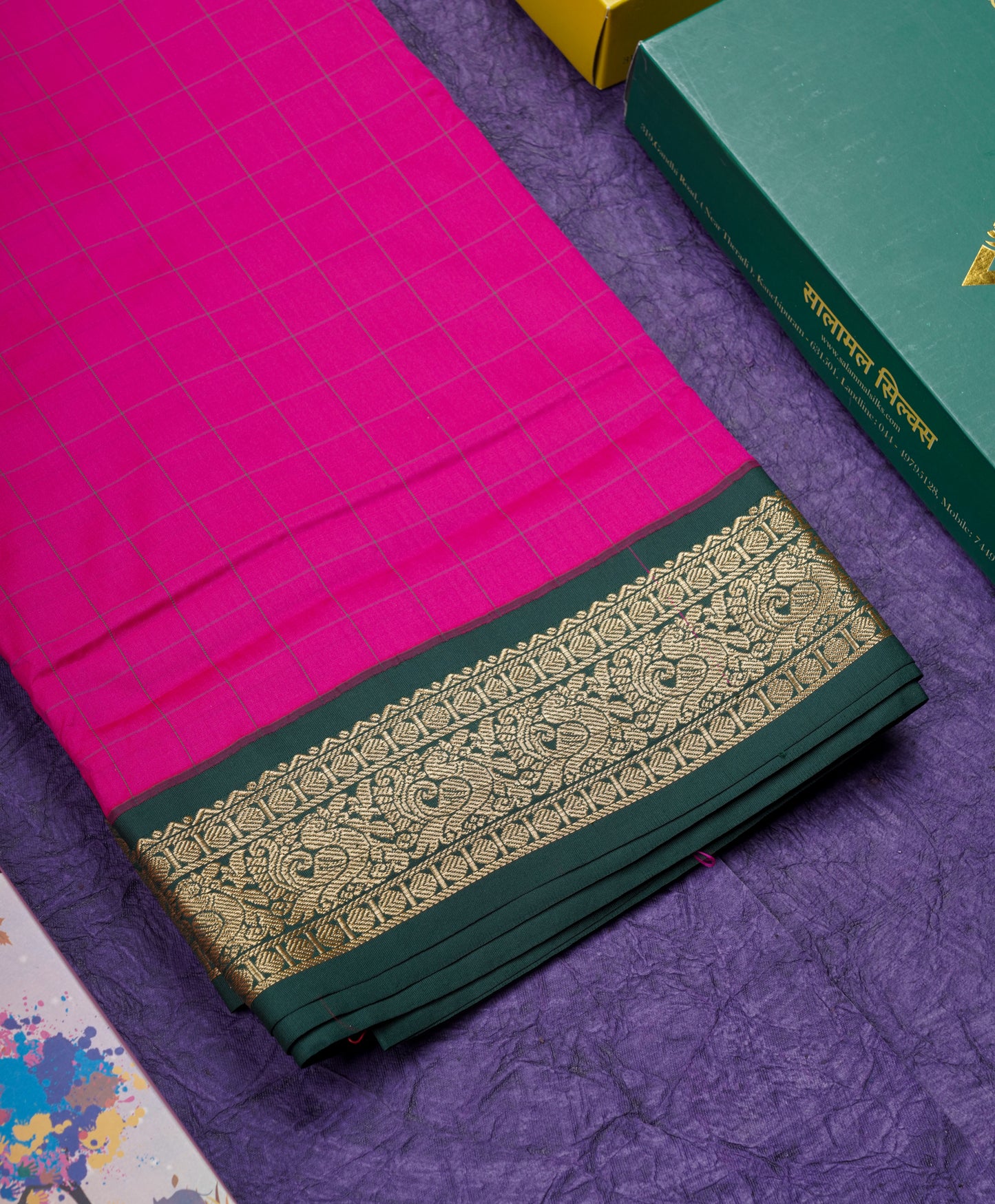 9 Yards Semi Silk Saree Pink Checks With Contrast Bottle Green Border