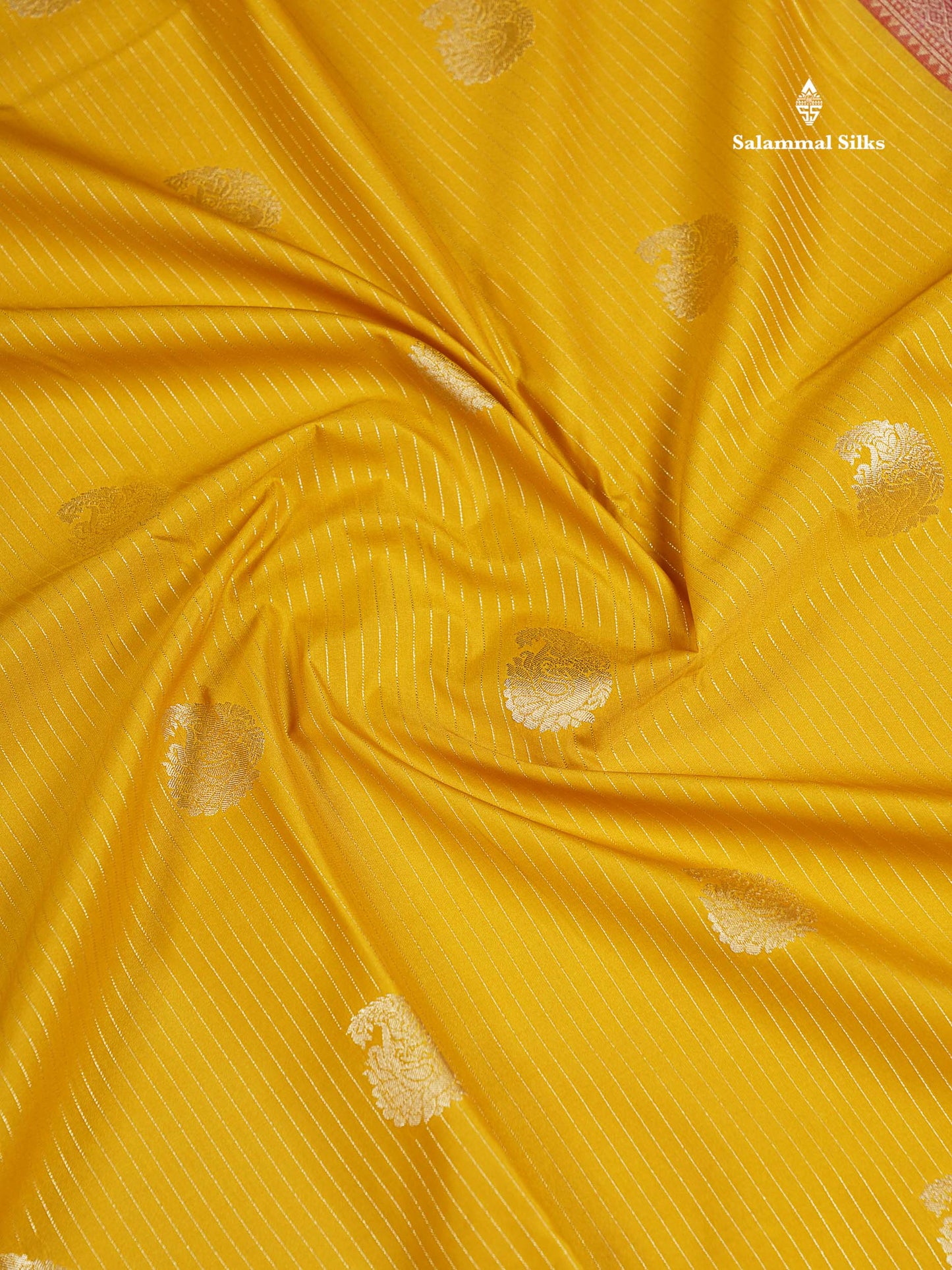 Semi Silk Saree - Mustard Yellow Mango Butta With Lines Along With Contrast Red Traditional Evening Morning Border