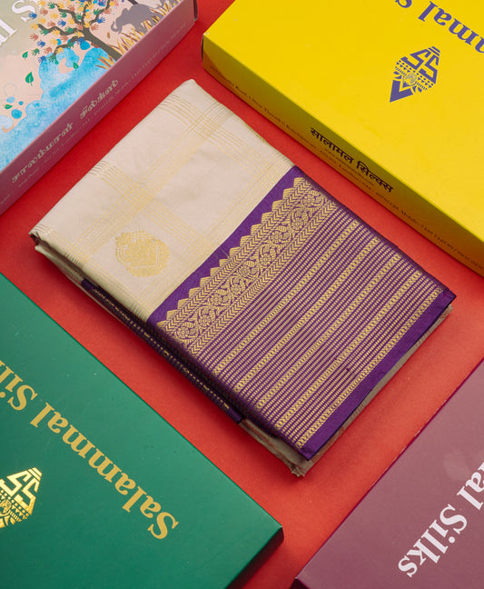 Beige Semi Silk Saree With Contrast Purple Traditional Border