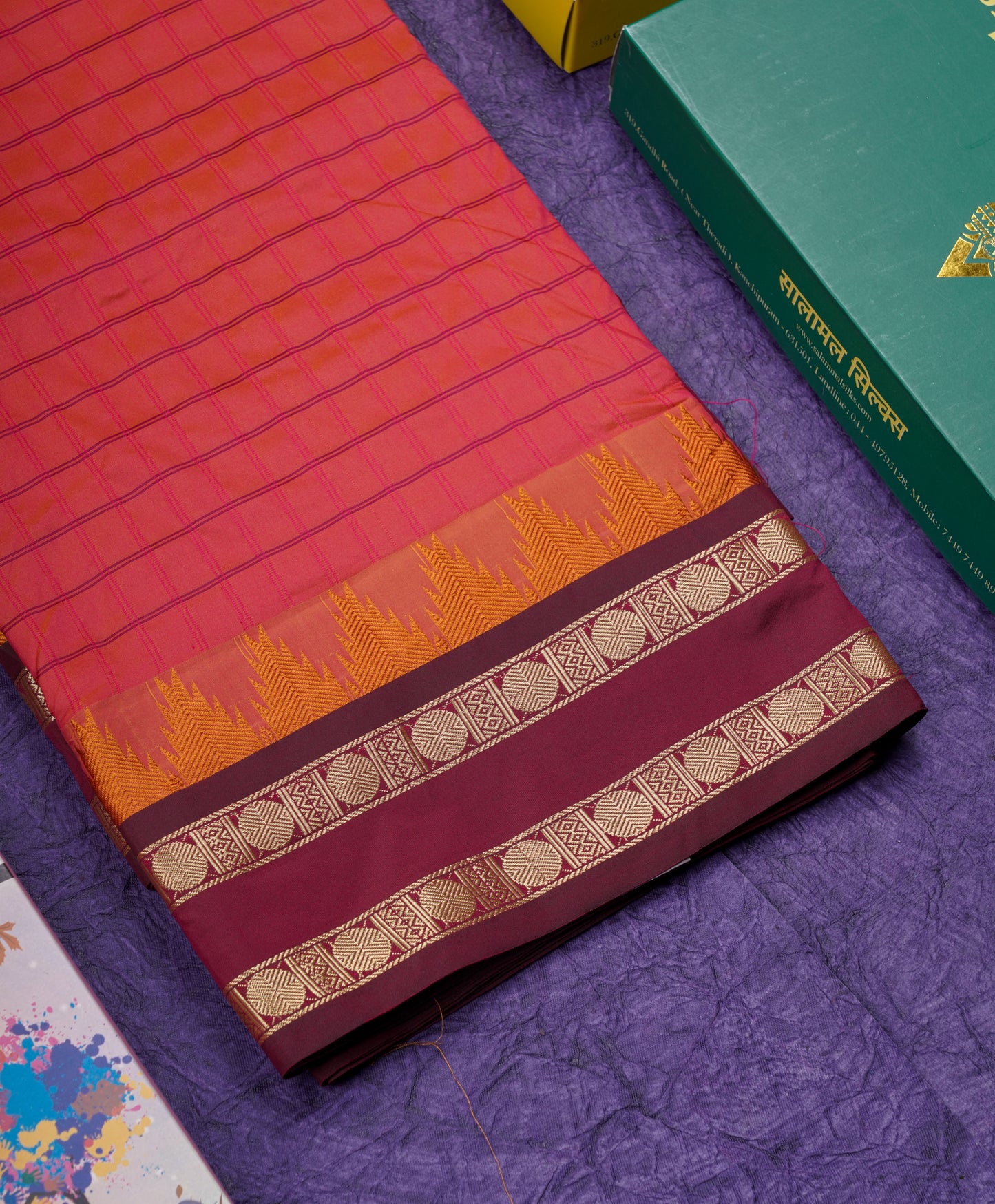 9 Yards Semi Silk Saree Pinkish Red Colour with Maroon Traditional Double Border