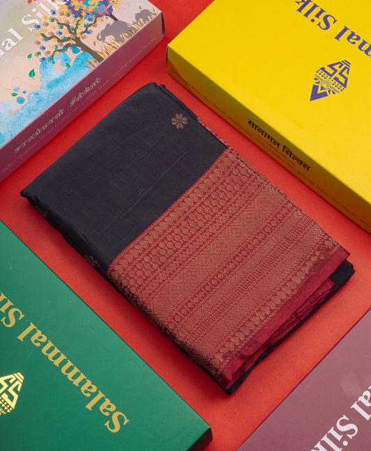 Black Pure Mix Saree With Contrast Red Border