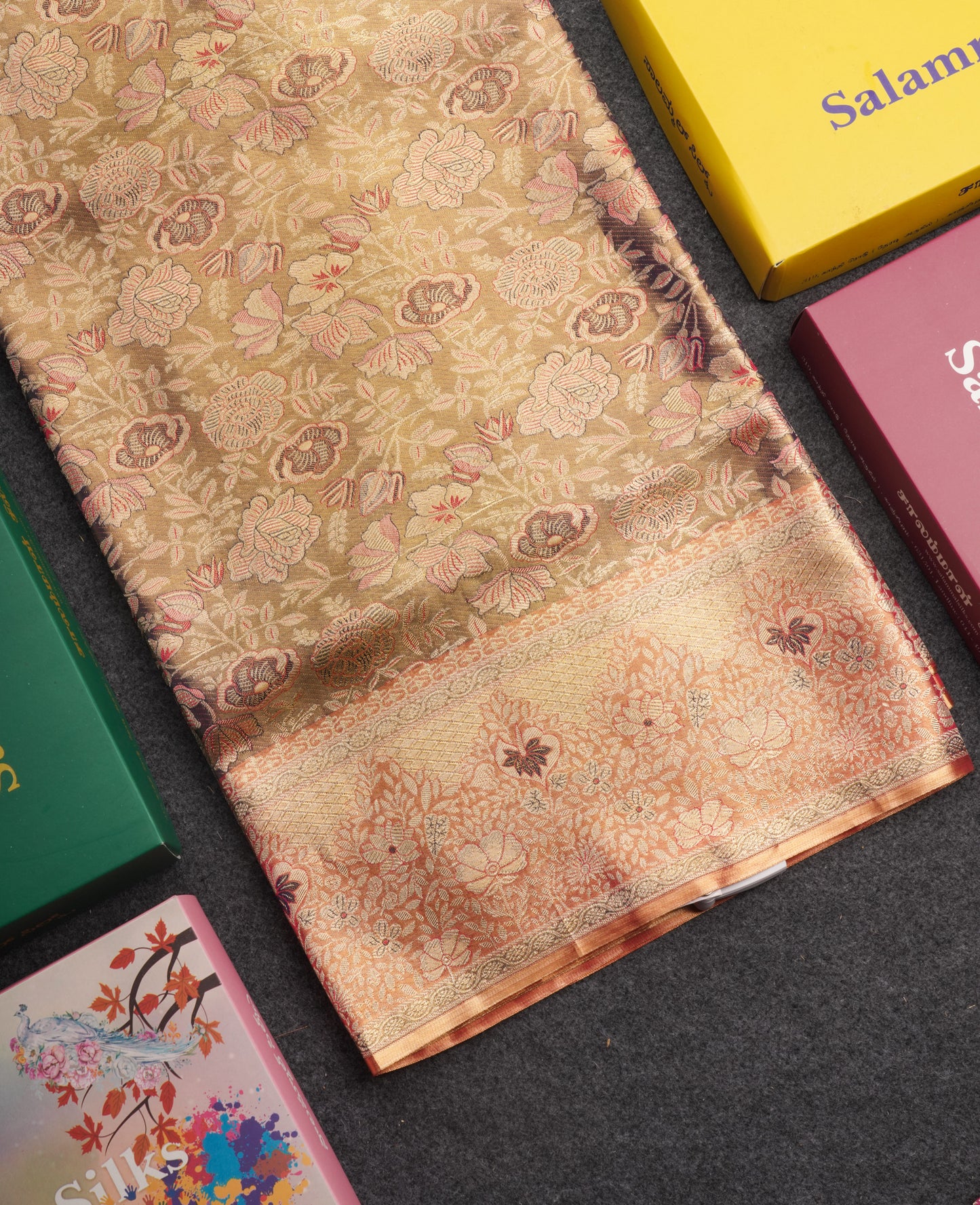 Navy Blue Tissue Meenakari Work Bridal Pure Kanjivaram Silk Saree With Contrst Pinkish Orange Border