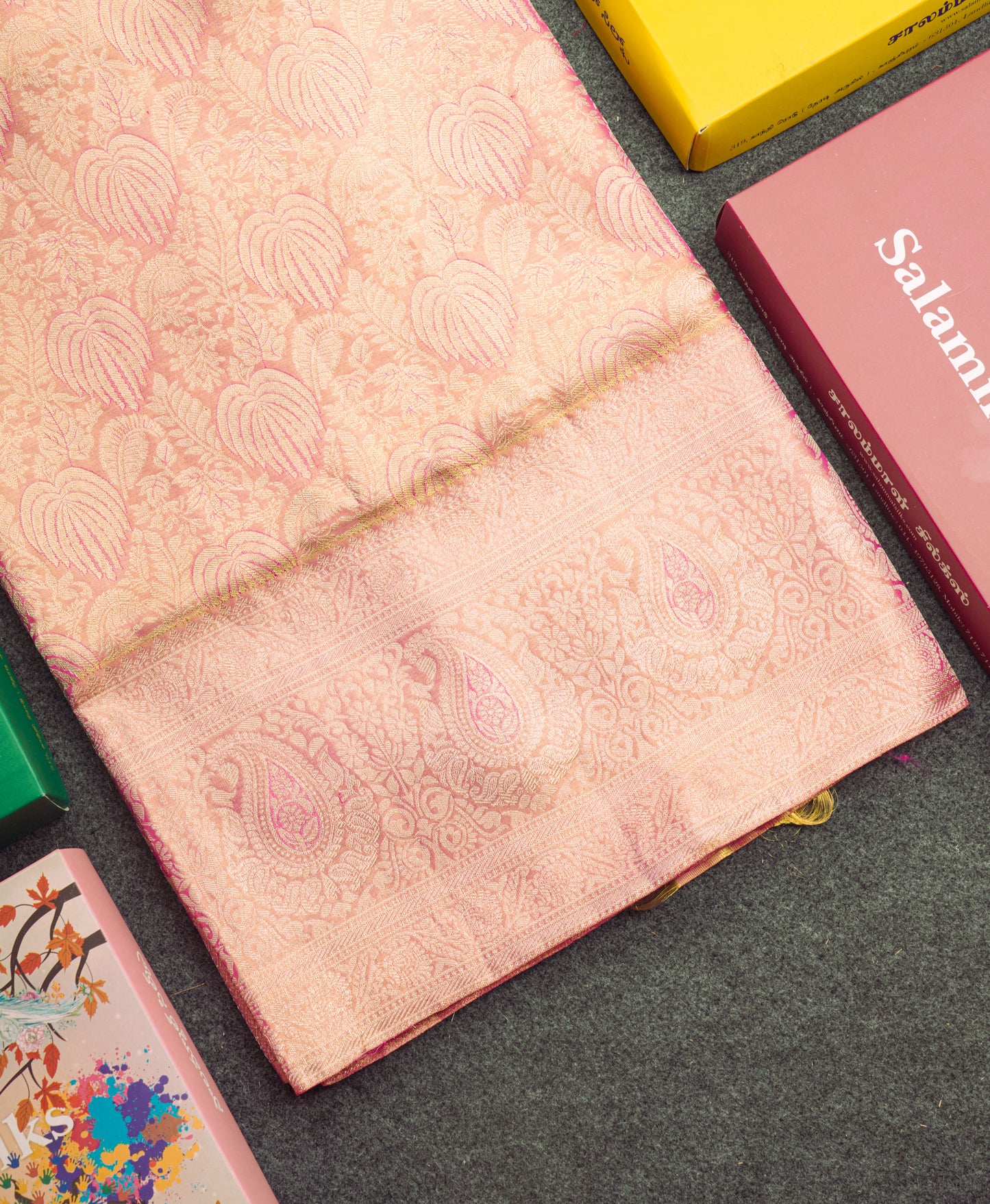 Light Pink Tissue Bridal Pure Kanjivaram Silk Saree With Self Border