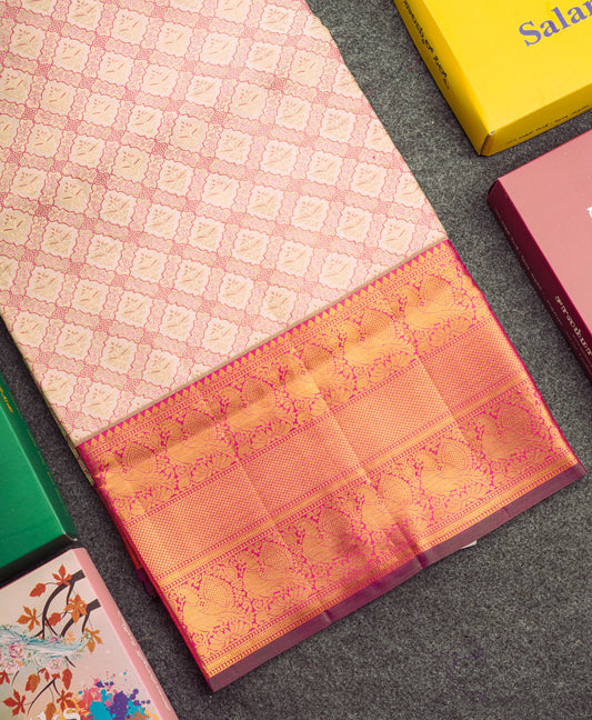 Cream Bridal Pure Kanjivaram Silk Saree With Contrst Pink Traditional Evening Morning Border