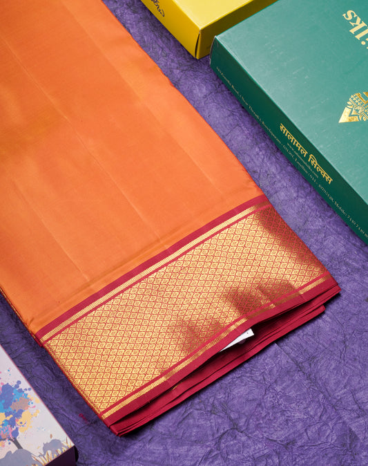 Korvai Beautiful Mango Yellow 10 Yards Pure Silk Saree With (5inch) Maroon Border