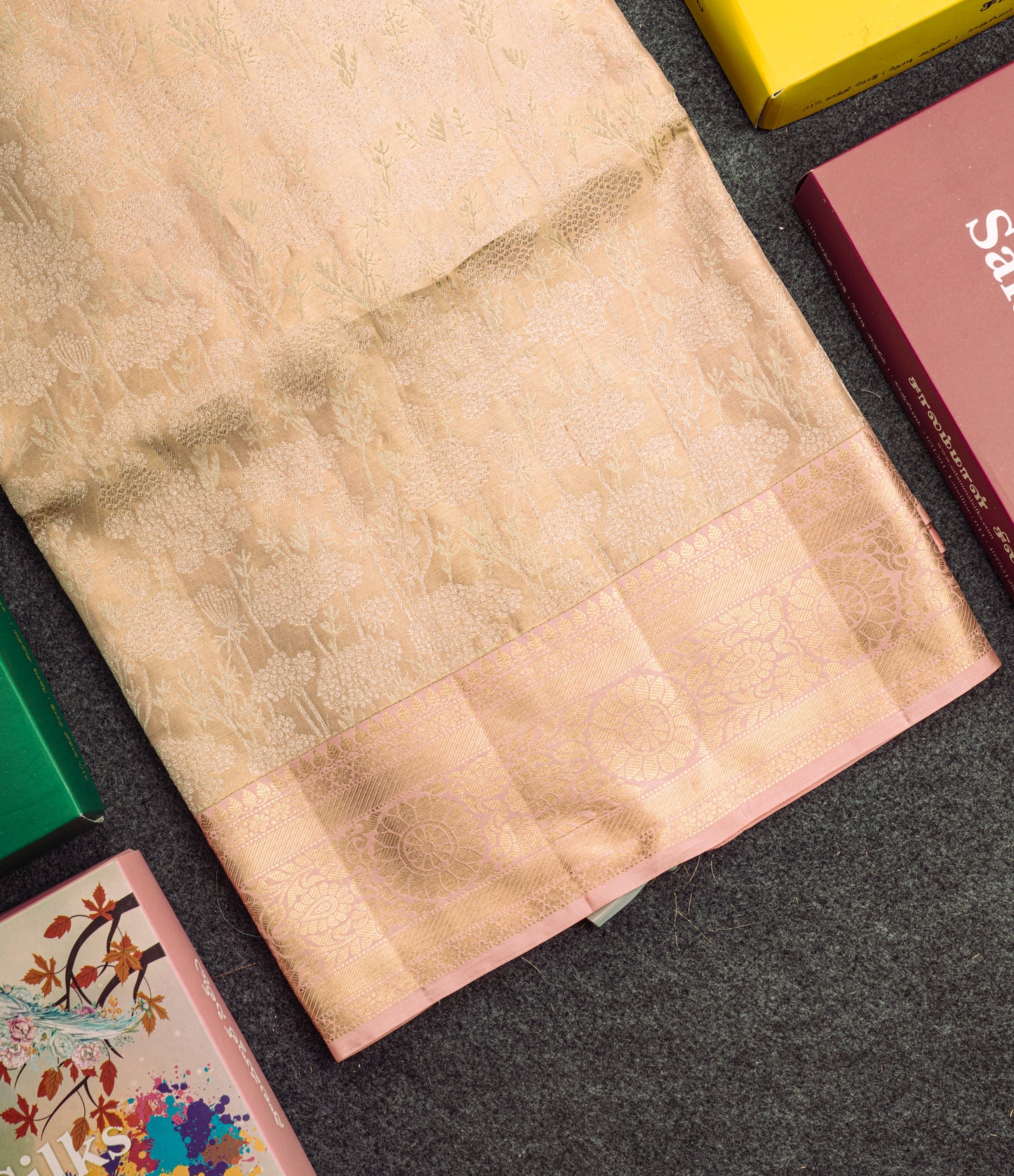 Sandal Tissue Bridal Pure Kanjivaram Silk Saree With Contrast Peach Border
