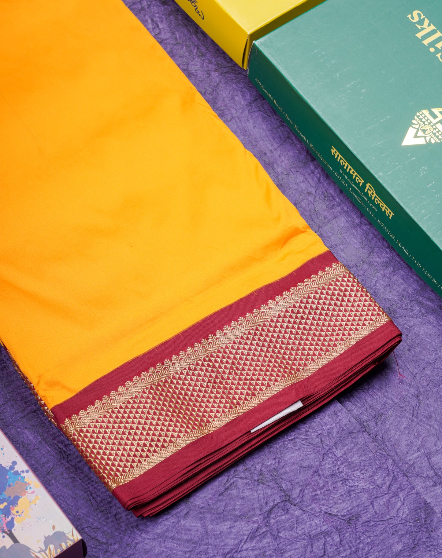 9 Yards Semi Silk Saree Mango Yellow with Contrast Maroon Border