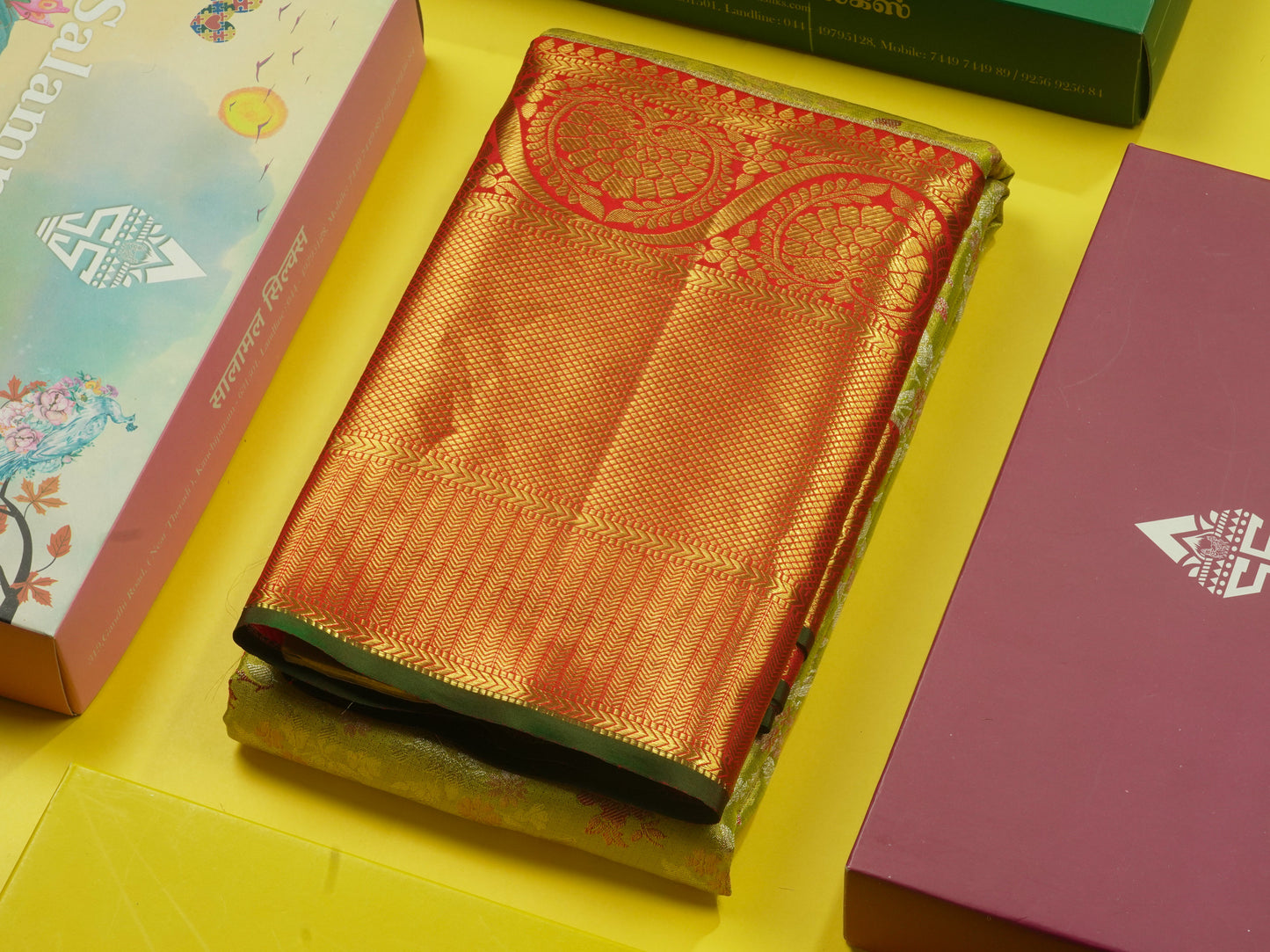 Manthulir Green Pure Kanjivaram Silk Saree With Contrast Red Border