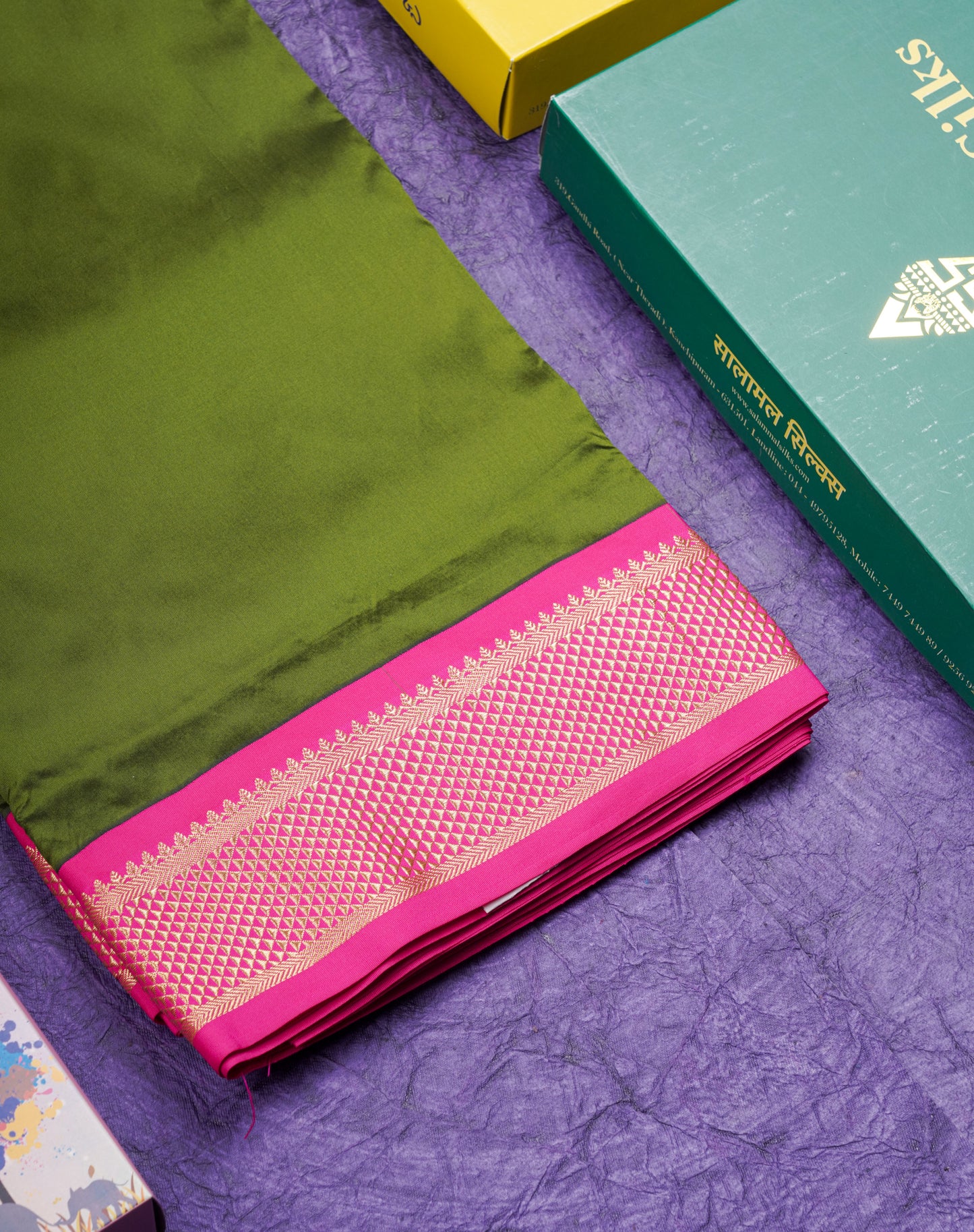 9 Yards Semi Silk Saree Pink Colour with Bottle Green Border