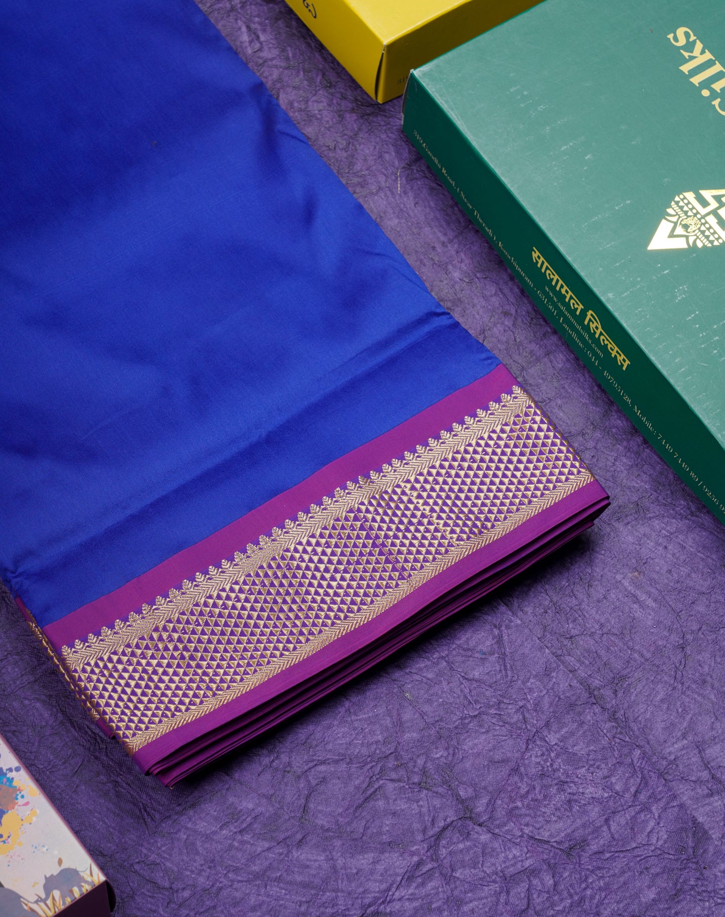 9.5 Yards Semi Silk Saree Plain Royal Blue With Traditional Purple Border