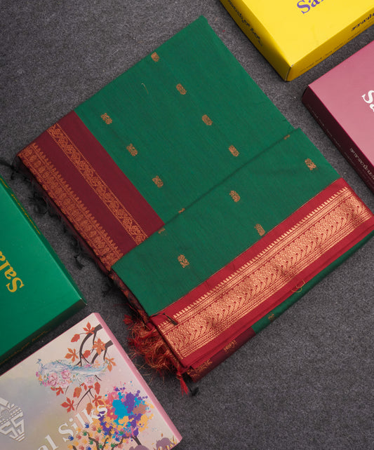 Bottle Green Kalyani Cotton Saree With Contrast Maroon Border
