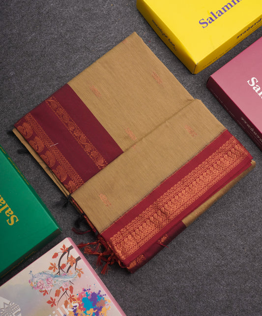 Cream Kalyani Cotton Saree With Contrast Dark Maroon Border