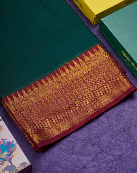 9 Yards Beautiful Bottle Green Pure Cotton Saree With Maroon Border