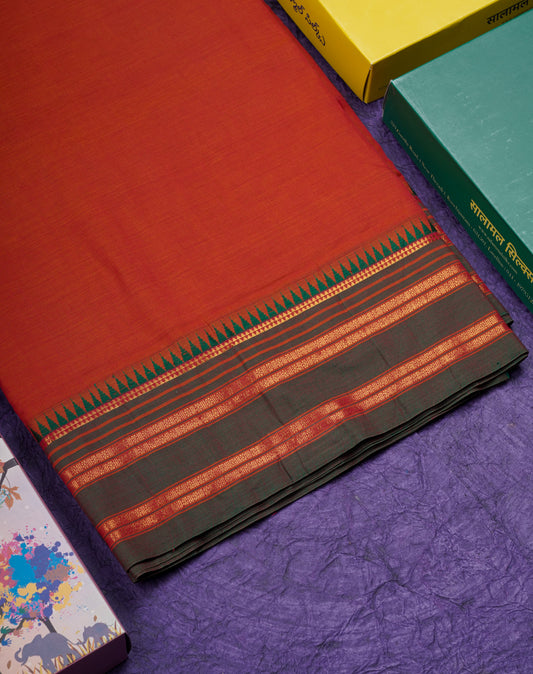 9 Yards Beautiful Tomato Red Pure Cotton Saree With Green Small Temple Border