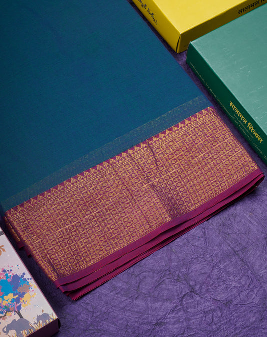 9 Yards Beautiful Peacock Blue Pure Cotton Saree With Magenta  Border