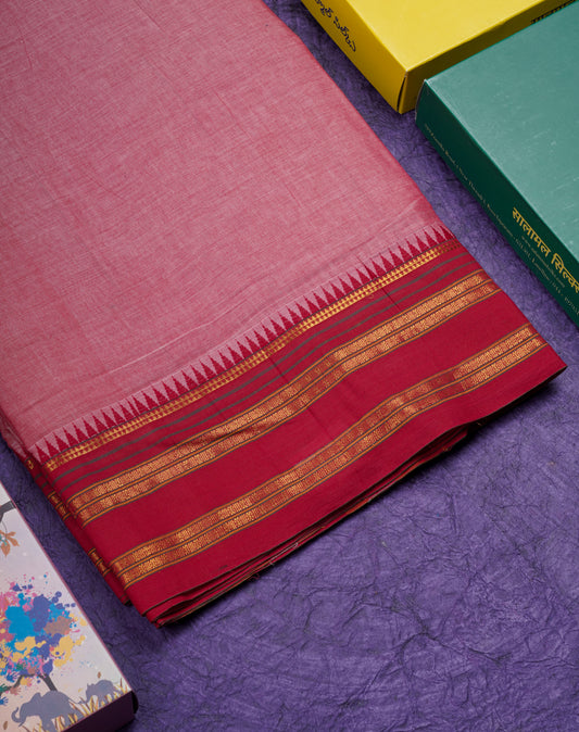 9 Yards Beautiful Dark Peach Pure Cotton Saree With Red Border
