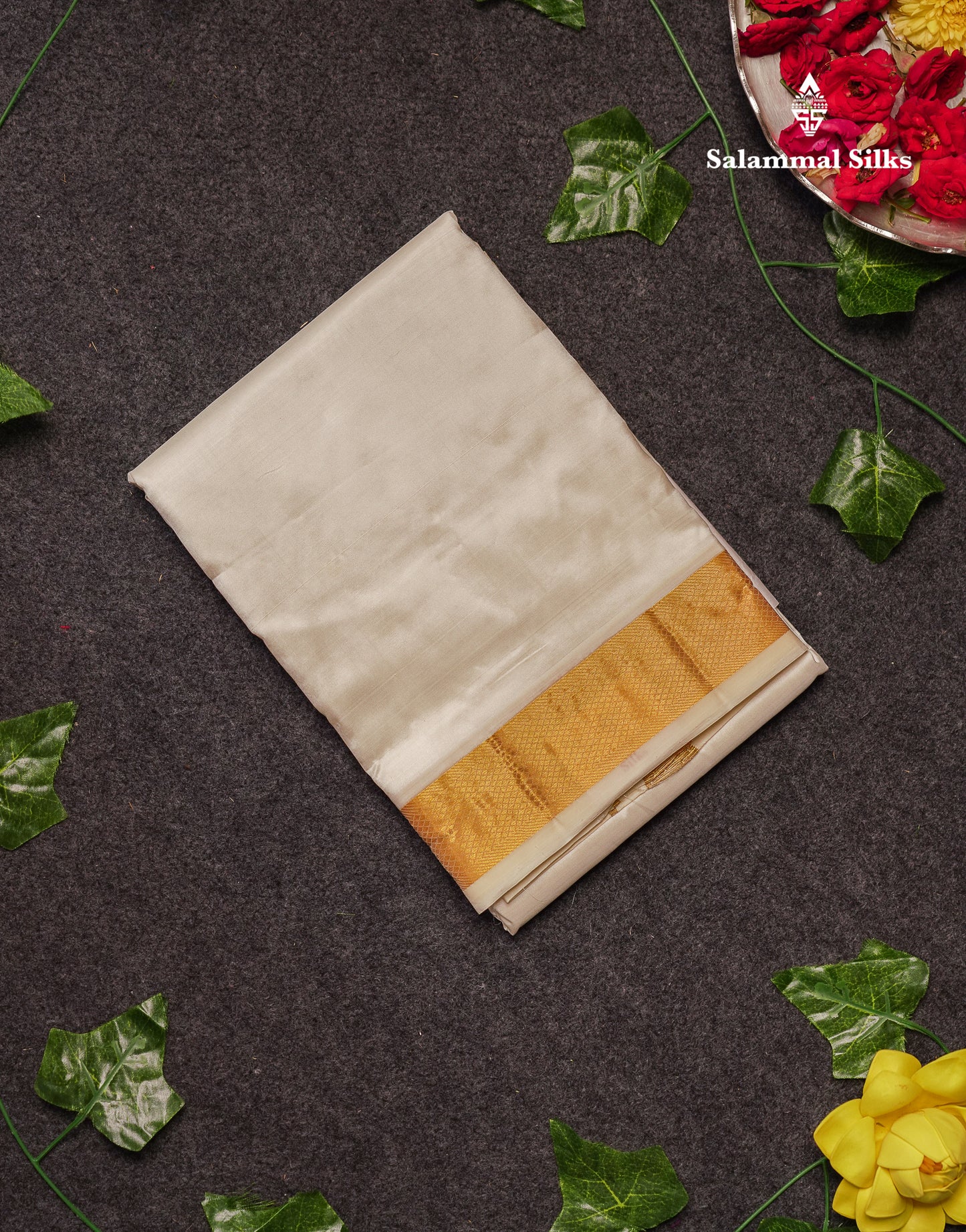Beautiful Cream White Pure Silk 8 Muzham Dhoti With Gold Zari Border