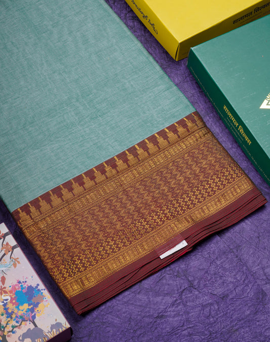 9 Yards Beautiful Pastal Blue Pure Cotton Saree With Brown Border