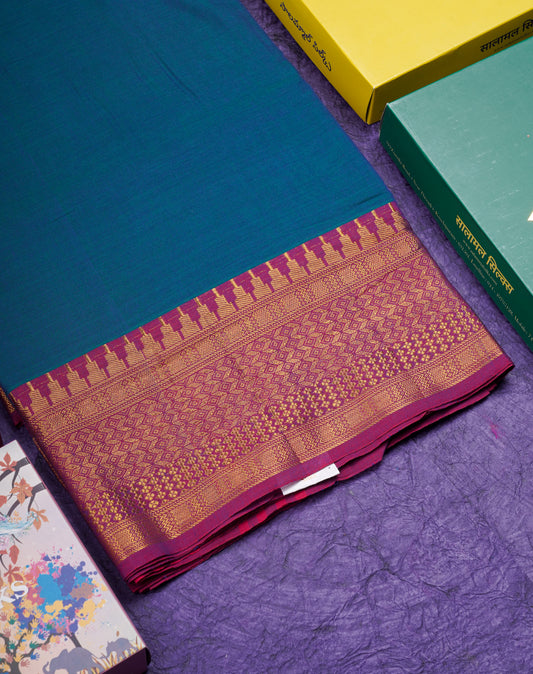 9 Yards Beautiful Peacock Blue Pure Cotton Saree With Magenta Border