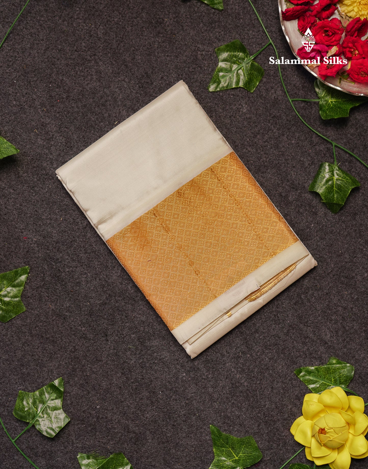 White Pure Silk Dhoti, Angavastram & with Gold Zari Border