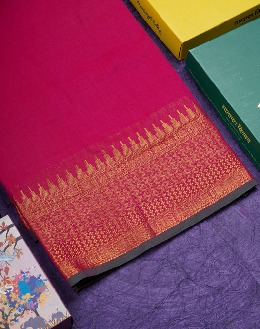 9 Yards Beautiful Violet Pure Cotton Saree With Gold Zari Border