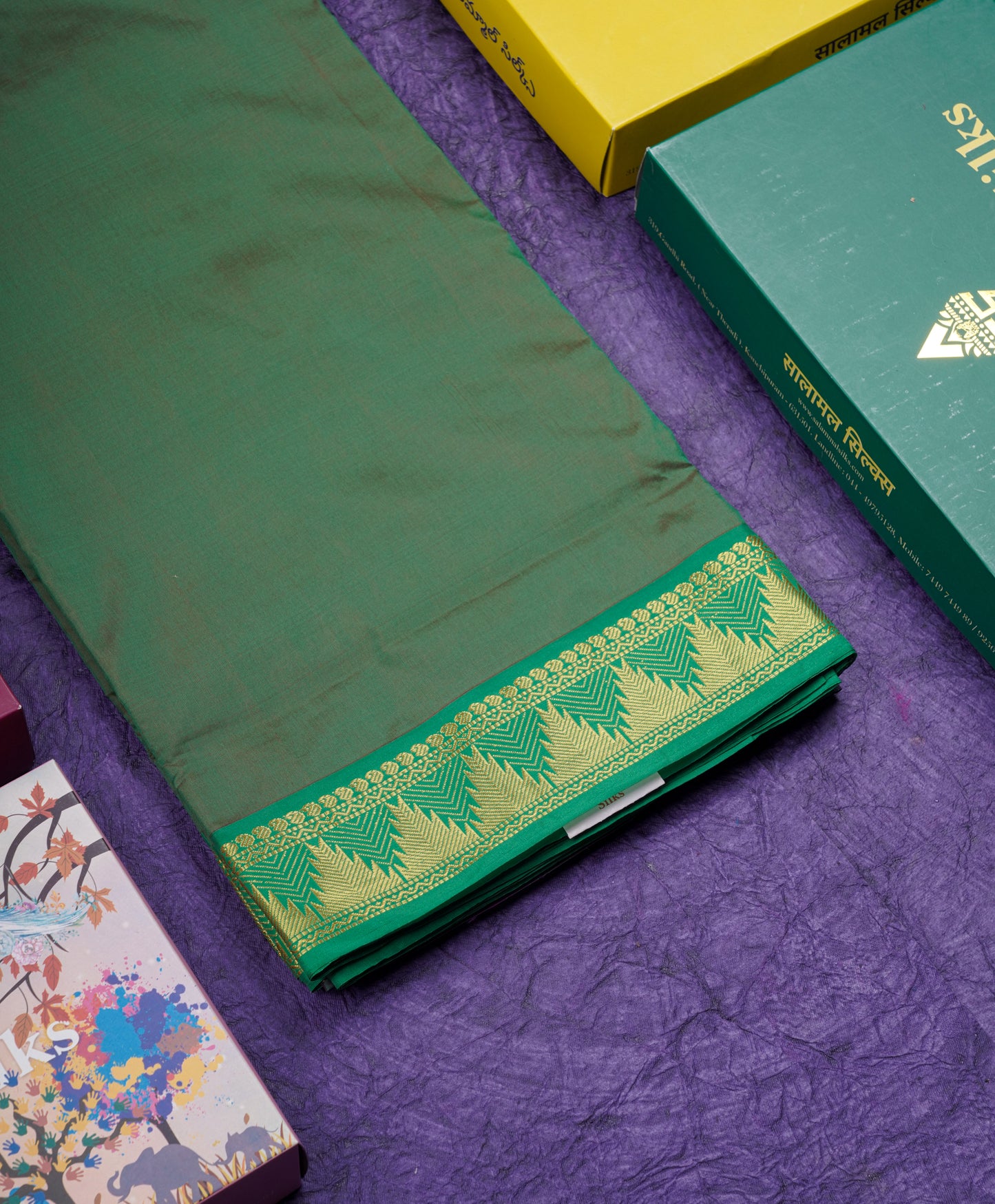 10 Yards Art Silk Saree Dark Brown with Contrast Green Temple Border