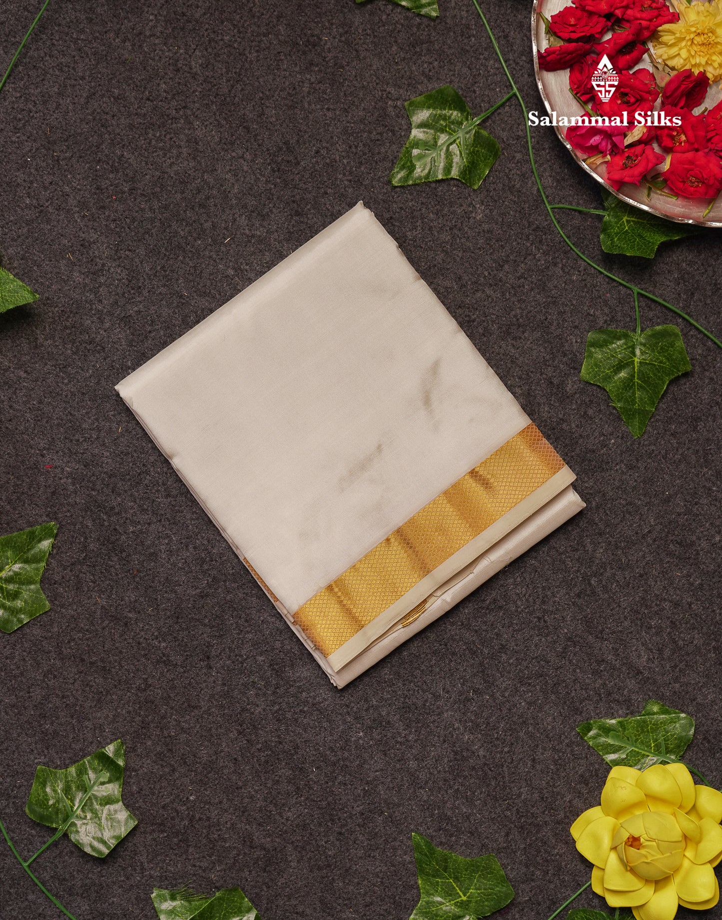 Beautiful Cream White Pure Silk 8 Muzham Dhoti With Gold Zari Border