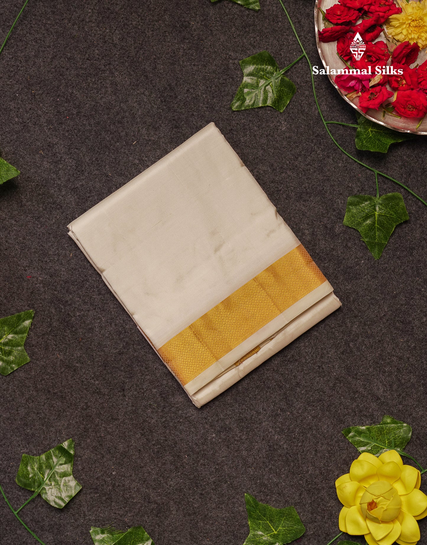 Beautiful Cream White Pure Silk 8 Muzham Dhoti With Gold Zari Border