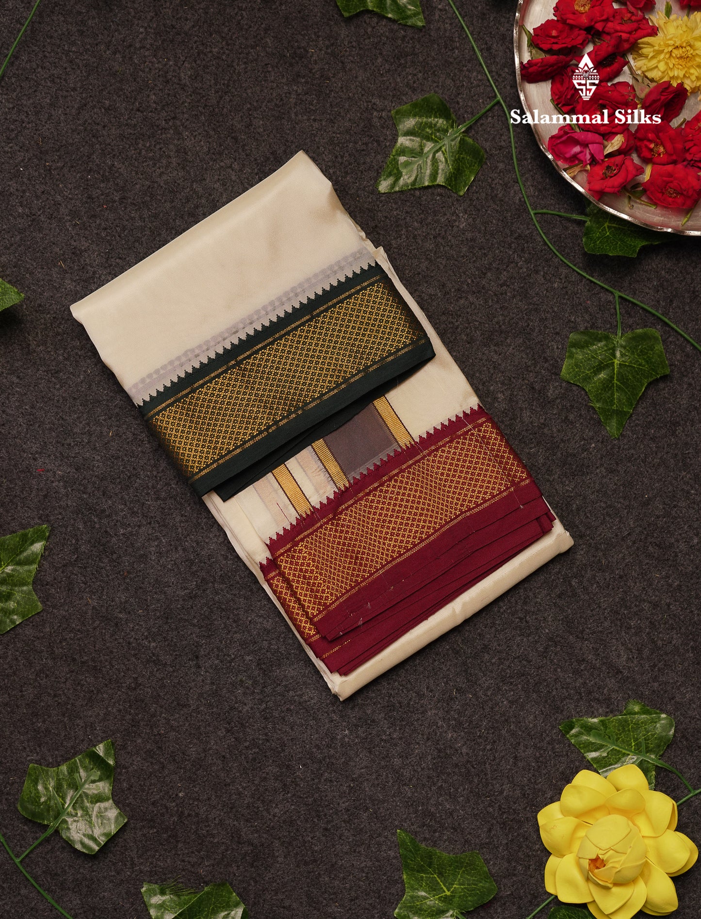 Beautiful Cream White Asha Mix 8 Muzham Dhoti With Traditional Ganga Jamuna Border