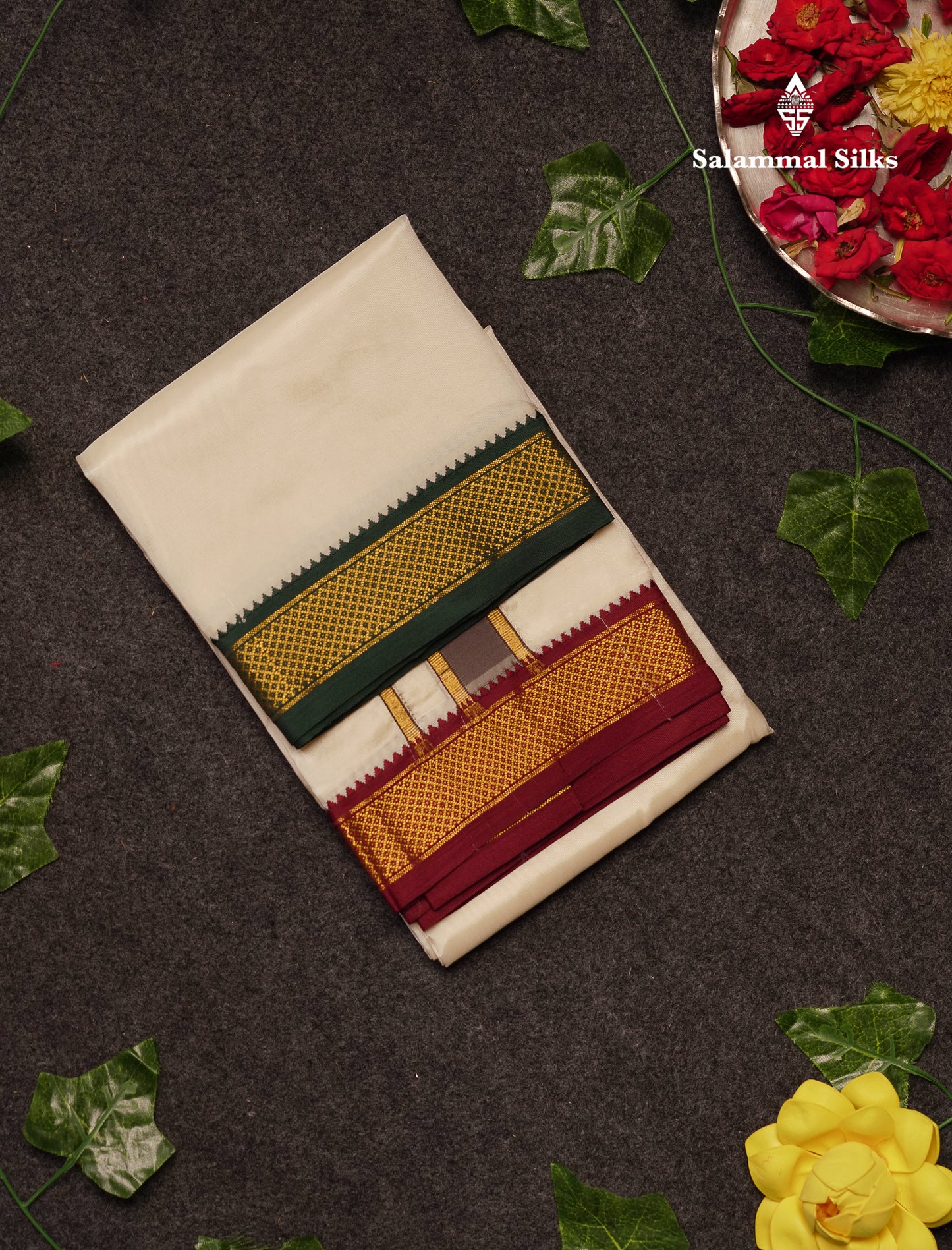 Beautiful Cream White Asha Mix 8 Muzham Dhoti With Traditional Ganga Jamuna Border