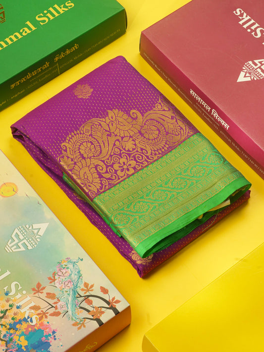 Purple Semi Silk Saree With Contrast Green Fancy Turning Border