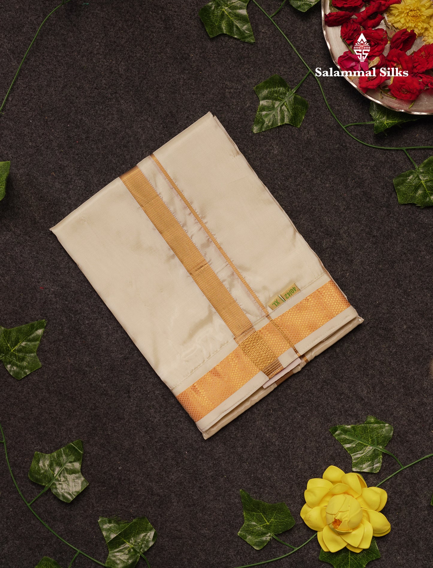 Beautiful Cream White Pure Mix Velcro Pocket Dhoti (40/42) With Gold Zari Border