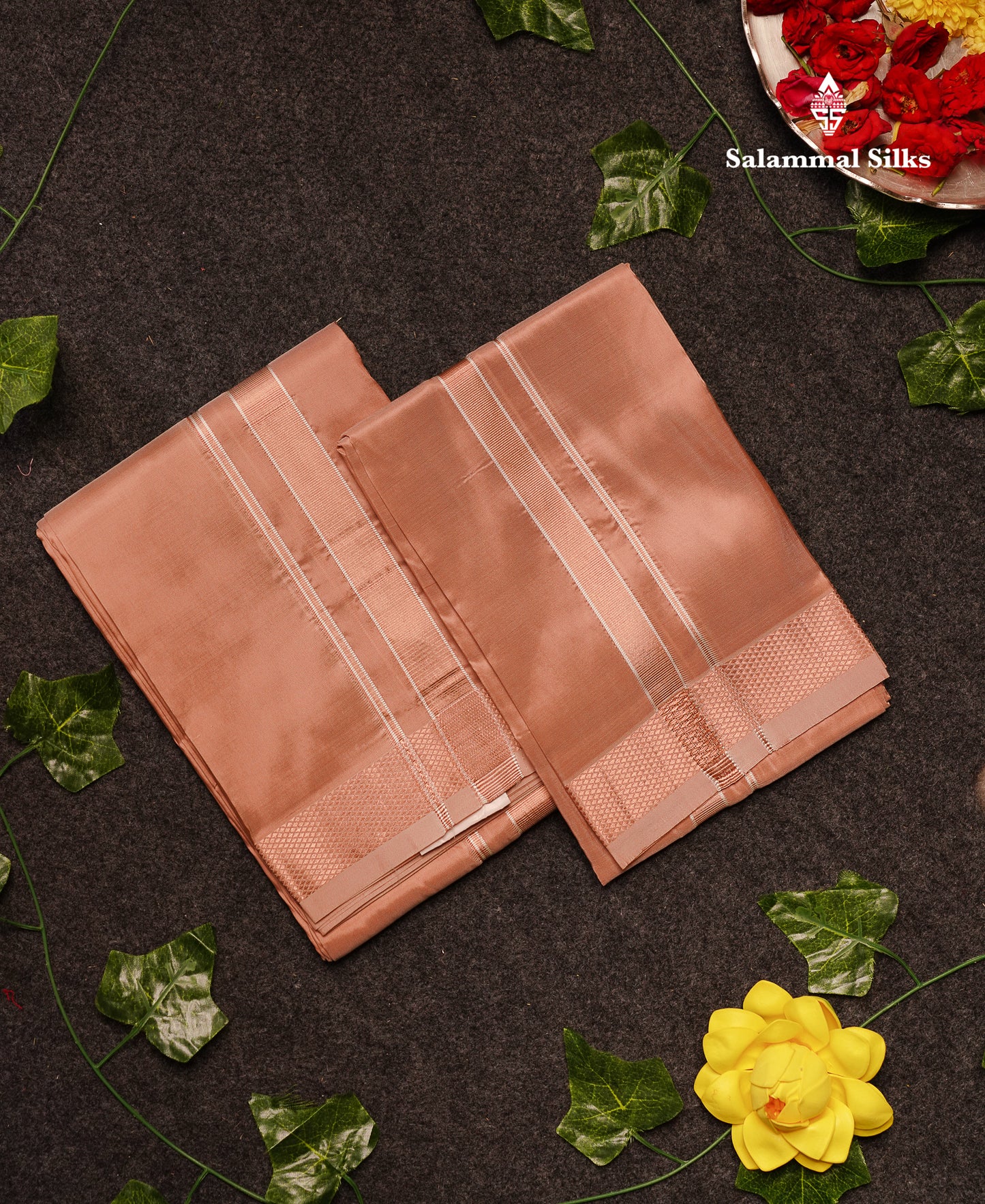 Light Copper Pure Mix Silk Dhoti,(8x4) Angavastram & Shirt (2.50M) with Copper Zari Border