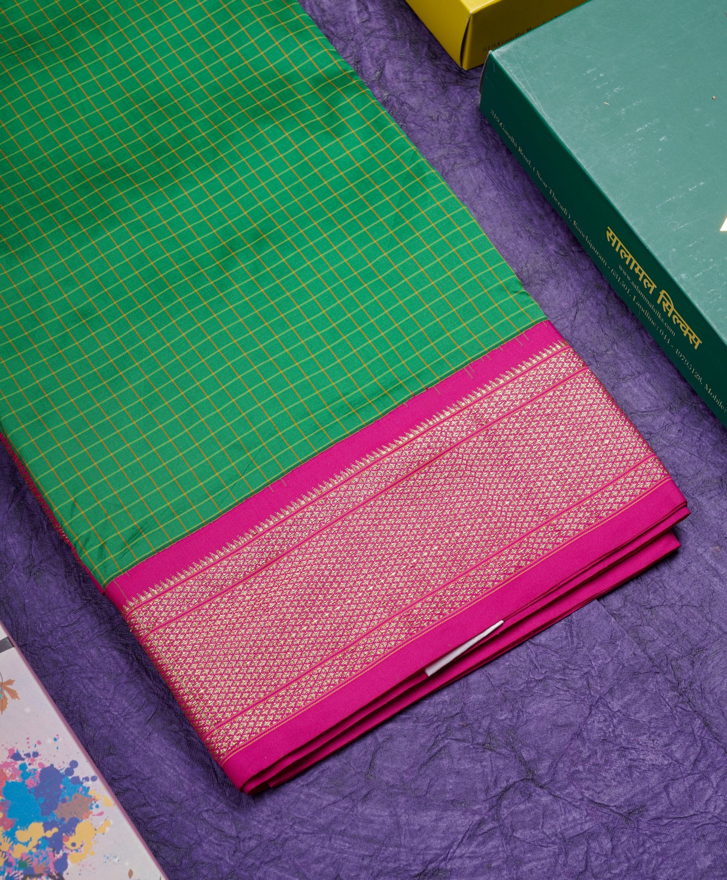 9 Yards Semi Silk Saree Peacock Green Colour with Pink Border