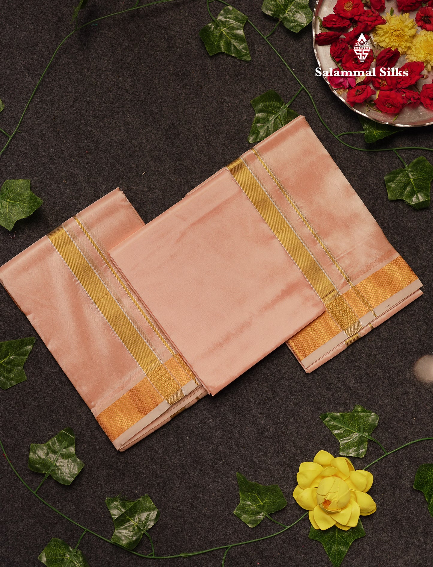 Peach Semi Silk Dhoti, Angavastram & Shirt (2.50M) with Gold Zari Border
