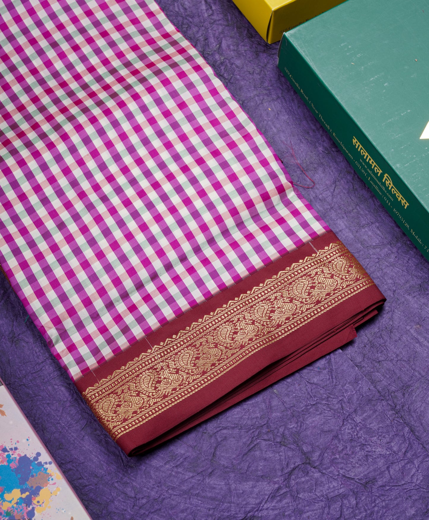 11 Yards Semi Silk Saree Multicolour Checks with Maroon Border