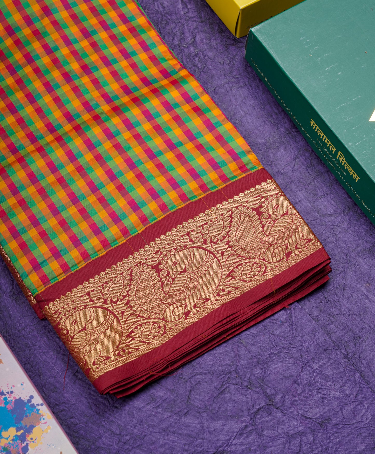 11 Yards Semi Silk Saree Multicolour Checks with Contrast Traditional Maroon Border