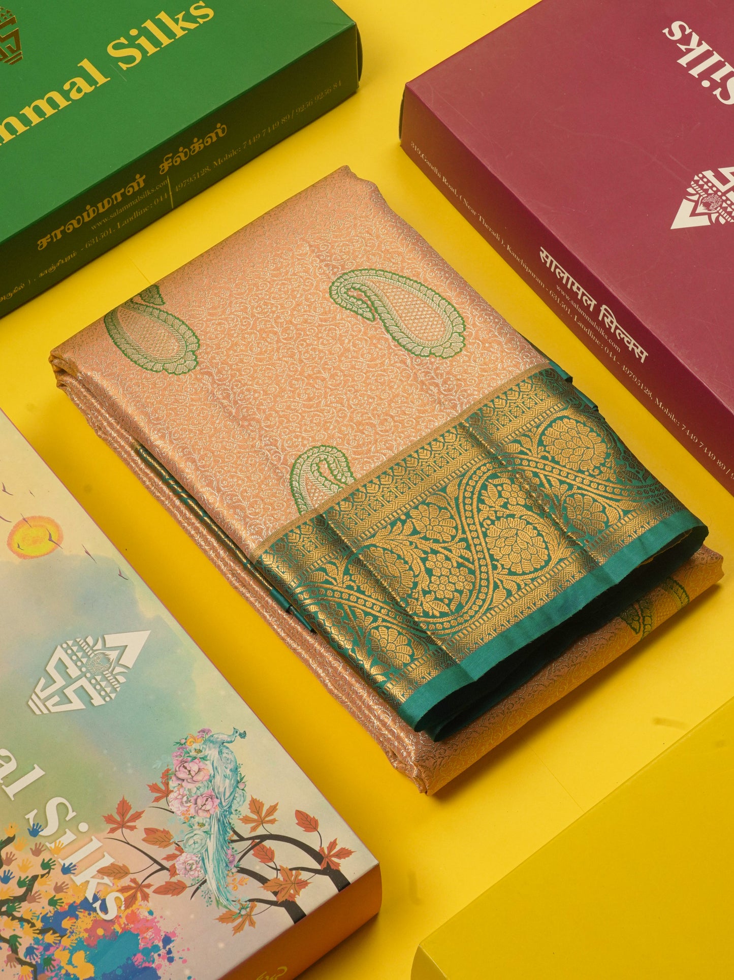 Light Green Tissue Bridal Semi Silk Saree With Contrast Magenta Border