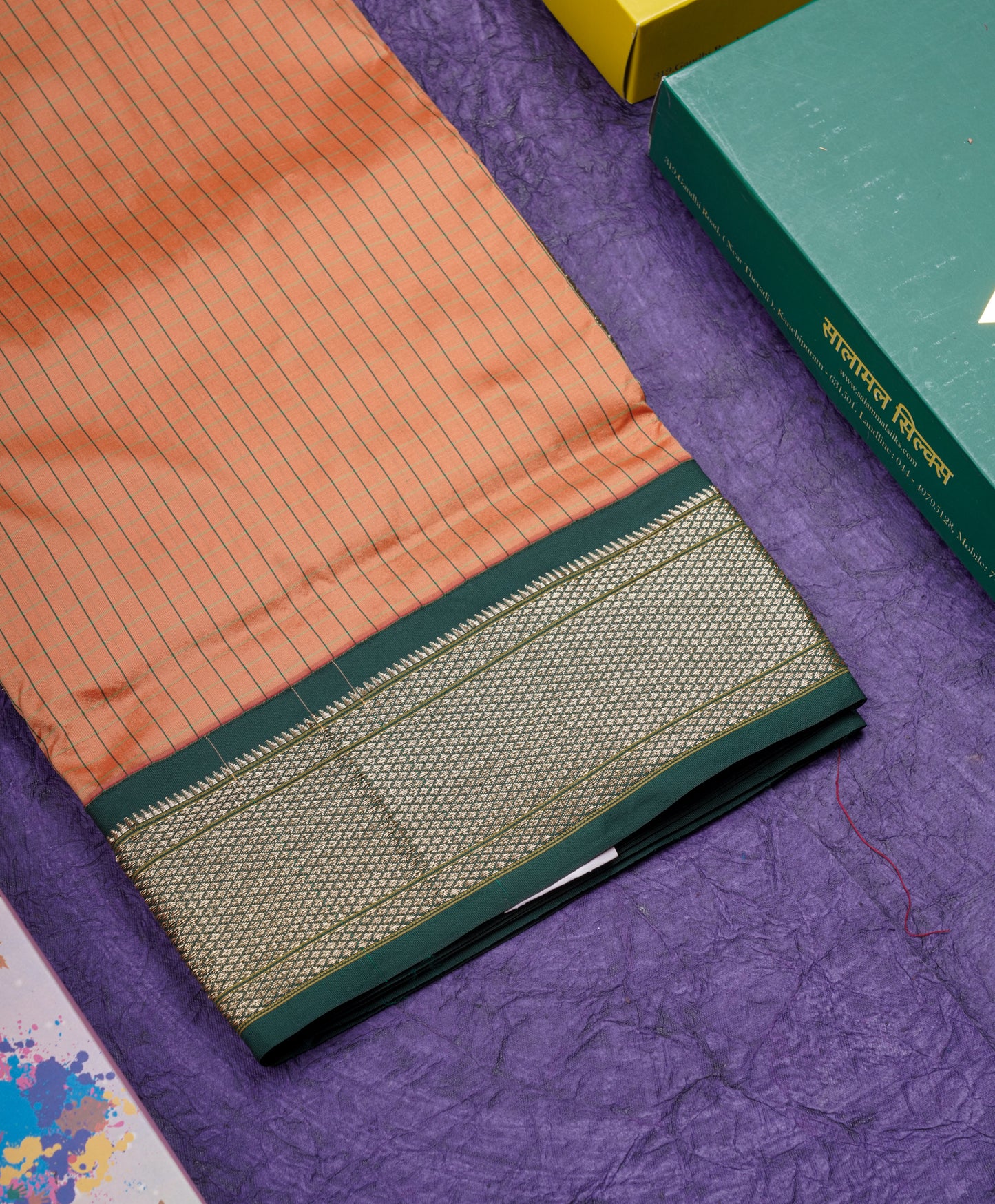 9 Yards Semi Silk Saree Peacock Green Colour with Pink Border