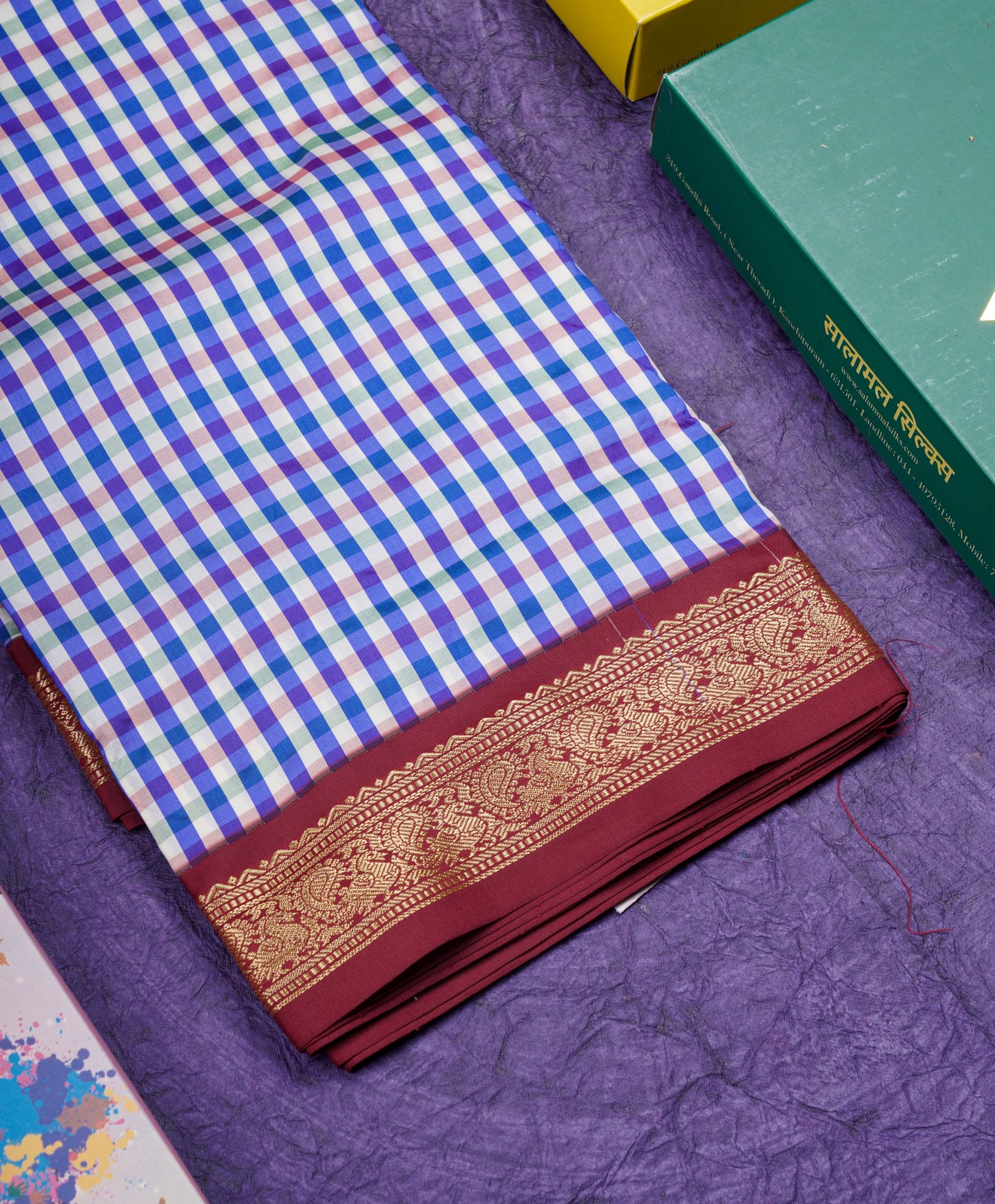 11 Yards Semi Silk Saree Multicolour Checks with Maroon Border