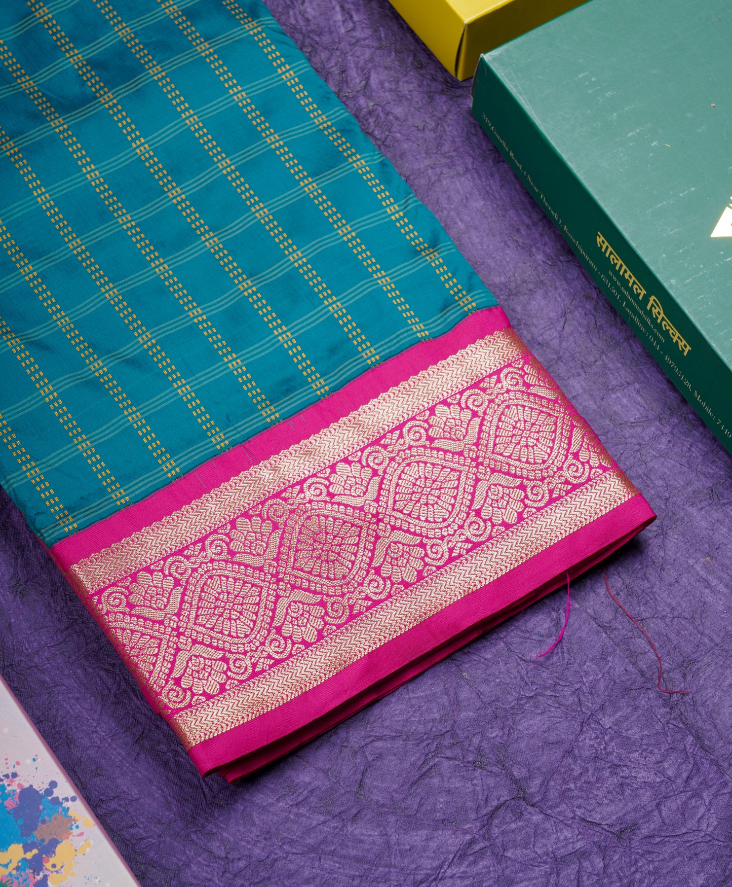 9 Yards Semi Silk Saree Orange Colour with Bottle Green Border
