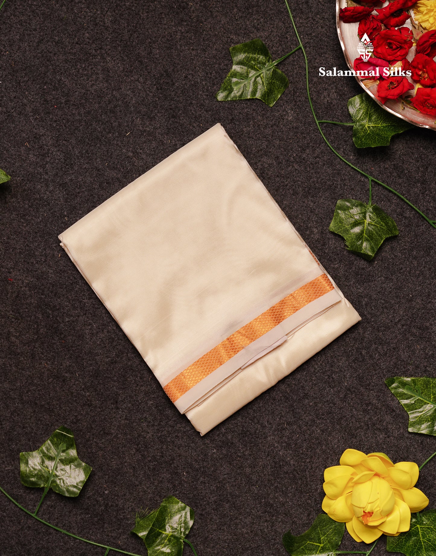 Beautiful Cream White Pure Mix 8 Muzham Dhoti With Gold Zari Border