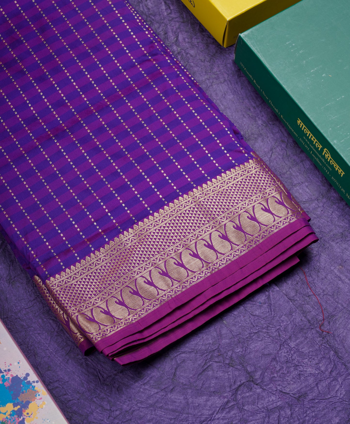 9 Yards Semi Silk Saree Maroon & Brown Colour with Green Border